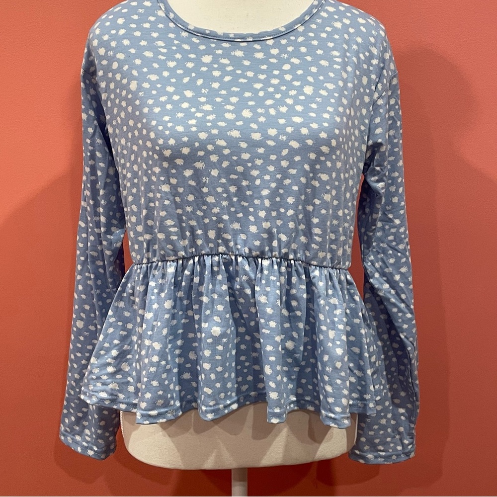 Blue Printed Long-Sleeve Peplum Top